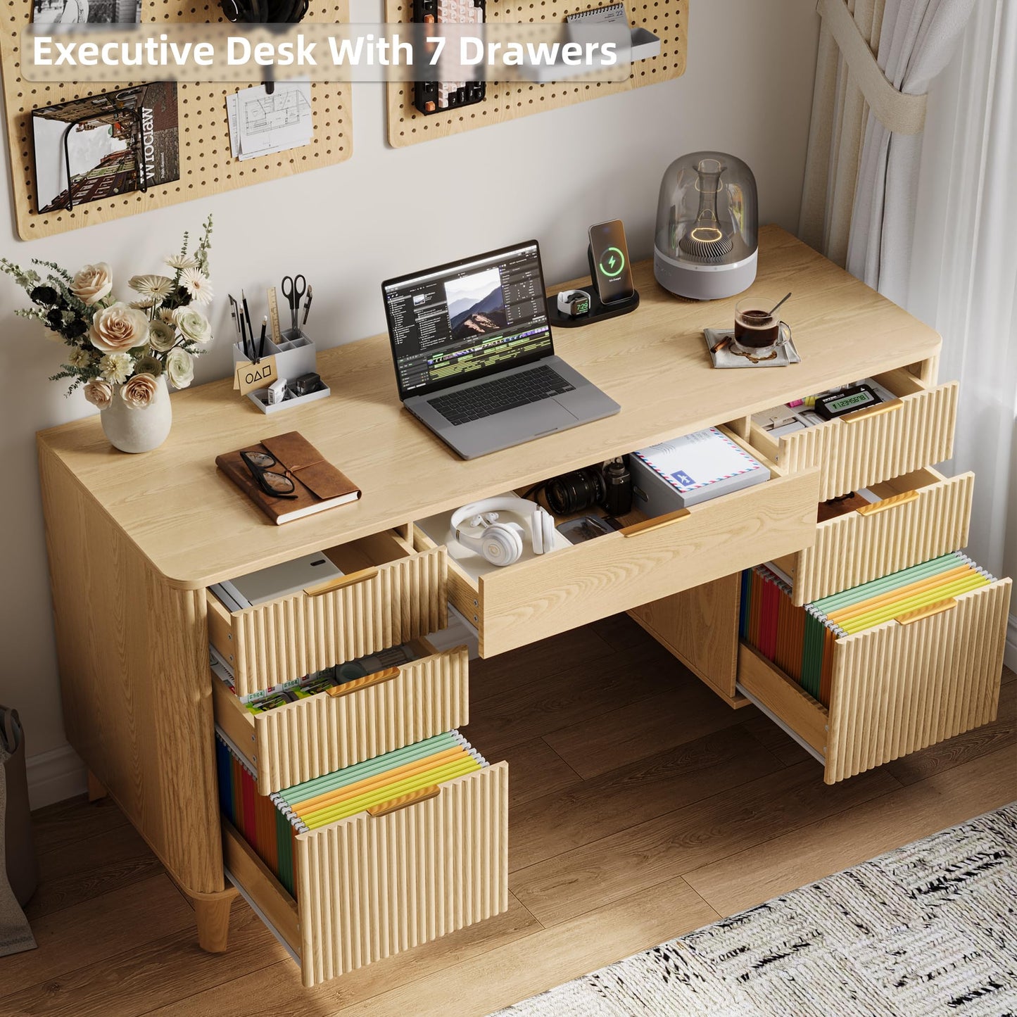 Oxirth 55.1" Fluted Executive Desk with Drawers, Wood Computer Desk with Storage Cabinet, Home Office Desk with Charging Station, Farmhouse Desk with File Cabinet for Office Home (Nature)