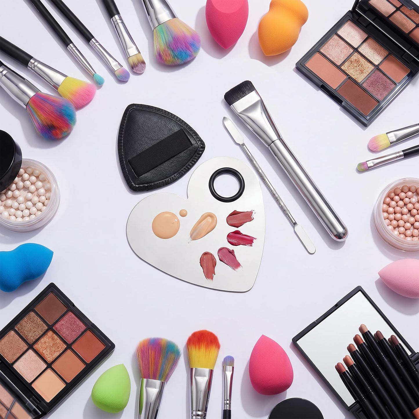 Matwsec 4PCS Makeup Mixing Palette Foundation Palette with Foundation Spatula Makeup Brush and Powder Puff for Women Facial Cosmetic Nail Art Pigment Blending