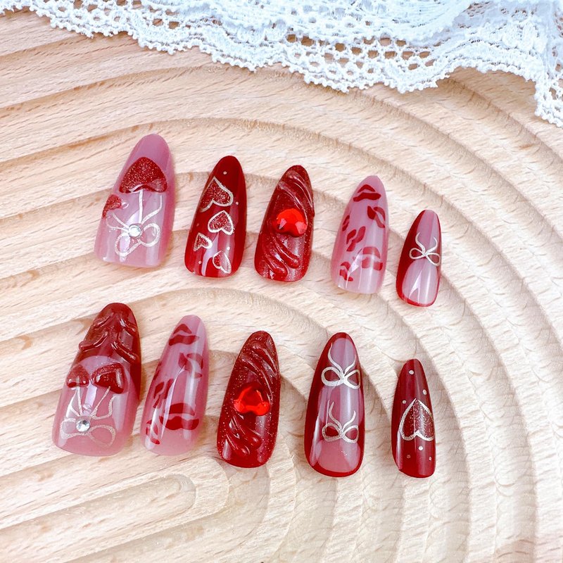 Valentine's Press-On Nails - 30pcs Medium Almond with 3D Red Heart & Glitter Designs | Full Cover Red French Tips