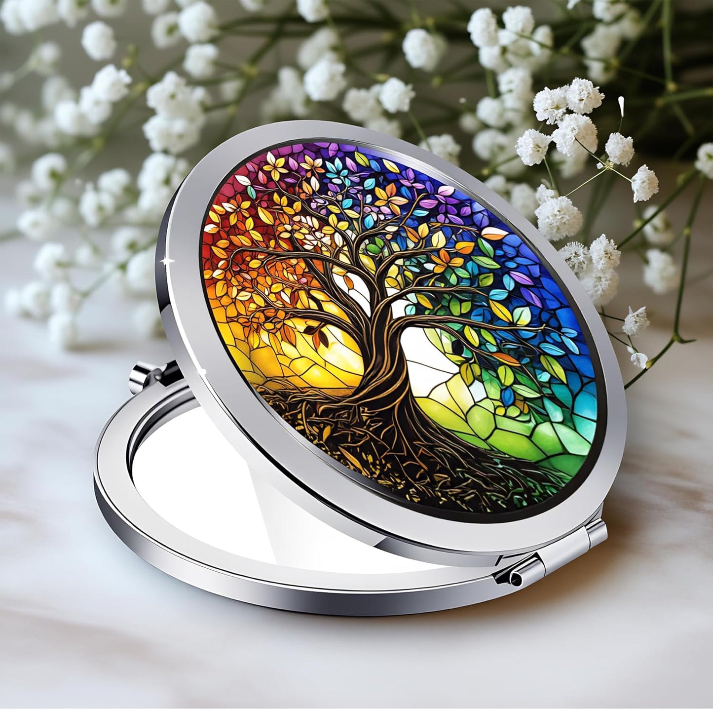 Silver Compact Mirror - Double-Sided Folding Makeup Mirror with White Rose Design | 2.8" x 2.8" Ideal Gift for Women