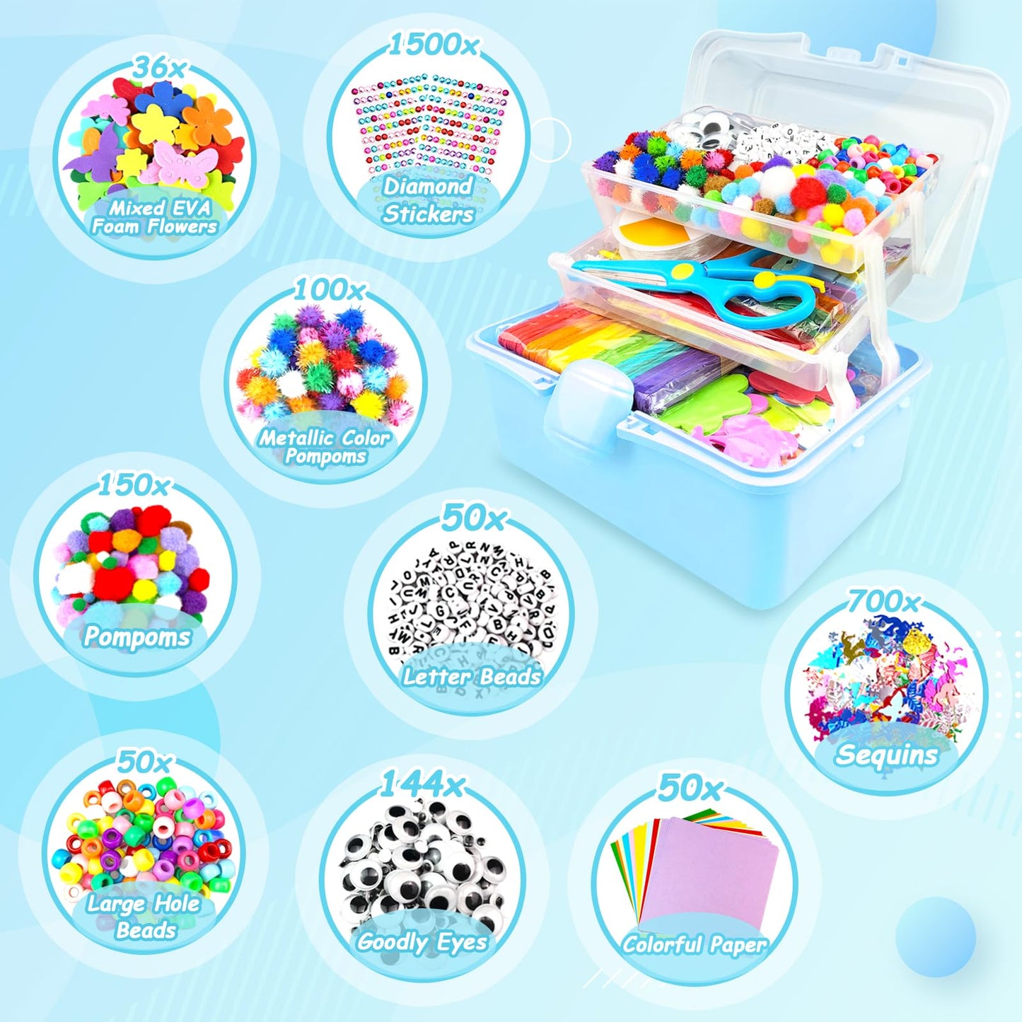 3000 Arts and Crafts Supplies for Kids Craft Kit Craft Box with Pipe Cleaners Arts and Crafts for Kids Age 4-6, 6-8, 8-12 DIY School Supplies Materials Set Toys Gifts for Girls Boys Toddlers, Blue