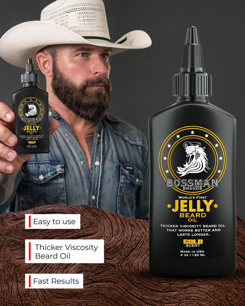 Bossman Jelly Beard Oil for Men (4 oz, Gold Scent) – Softens, Moisturizes & Conditions with Natural Ingredients