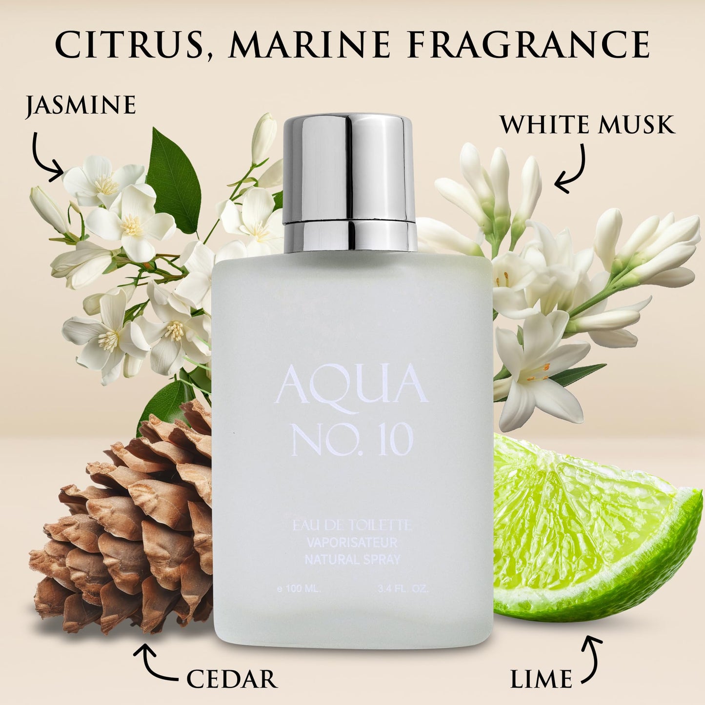Aqua No 10 Eau De Toilette for Men - Citrus & Marine Fragrance - Top Notes of Lime, Lemon, Bergamot, Jasmine, Orange & Neroli - Base Notes of Musk, Cedar, Oakmoss & Amber - Elegant 100ml Bottle
