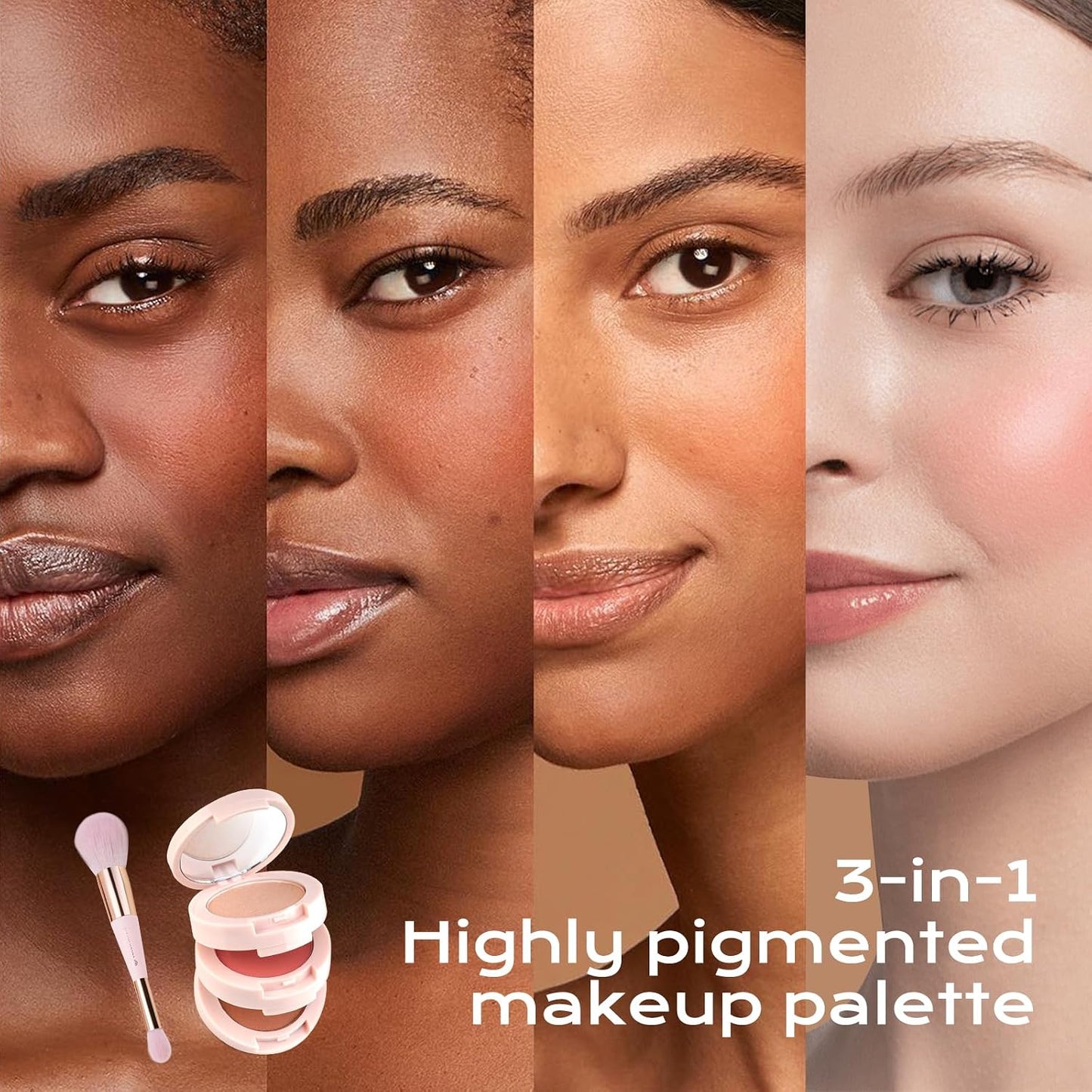 Contour Blush Highlighter Makeup Palette - 3 Colors, Shimmer & Matte Finish | Travel-Friendly Kit with Brush & Mirror