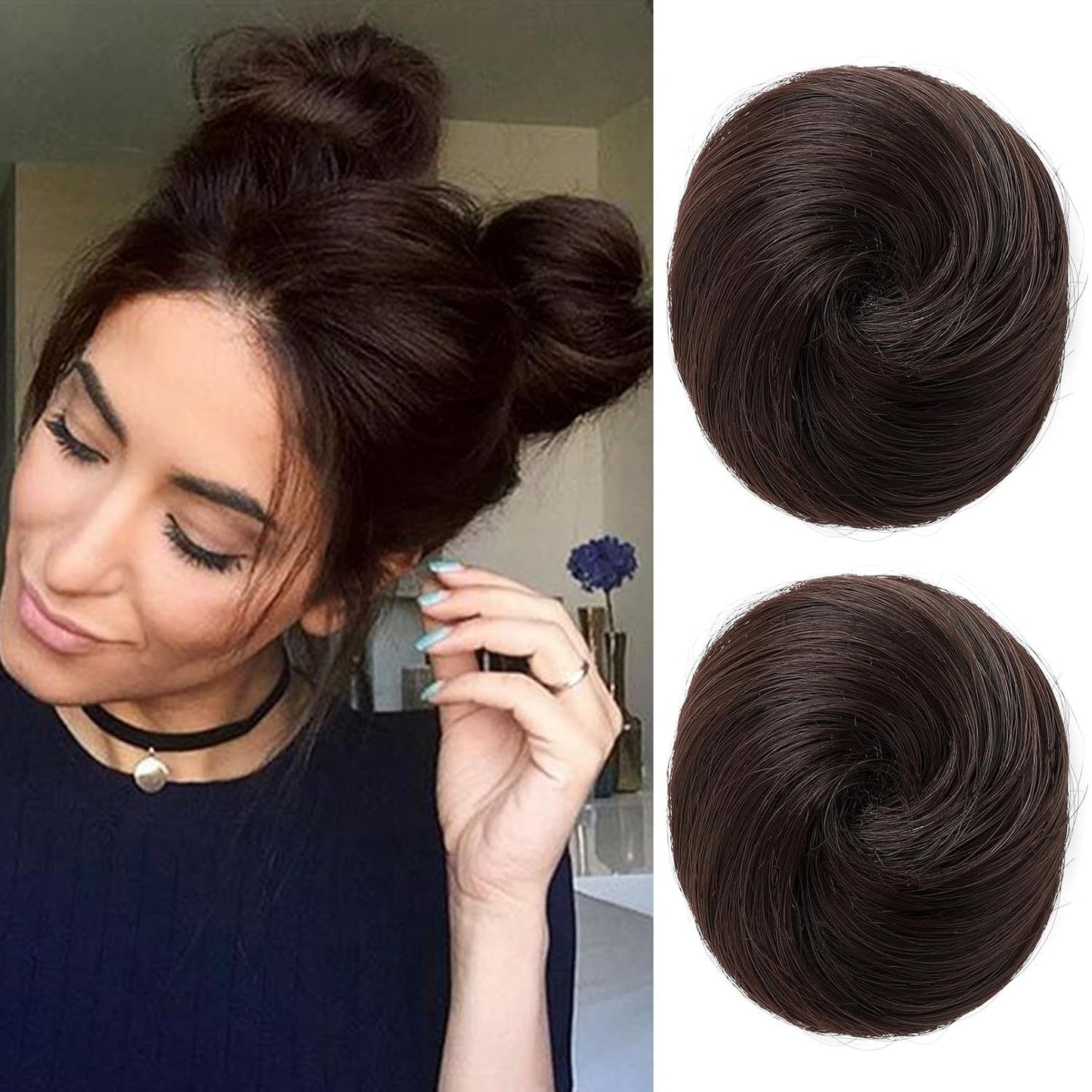 REECHO Mini Claw Clips - Messy & Cat Ears Hair Bun Extensions | 2-Pack, 3.5" Wavy, Natural Black