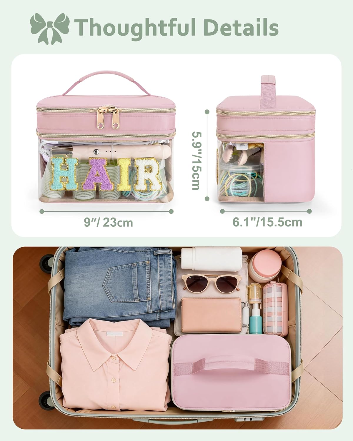 Double Layer Hair Accessories Organizer - Preppy Patch Makeup Bag with Chenille Letter | Portable Pink Cosmetic Pouch for Women