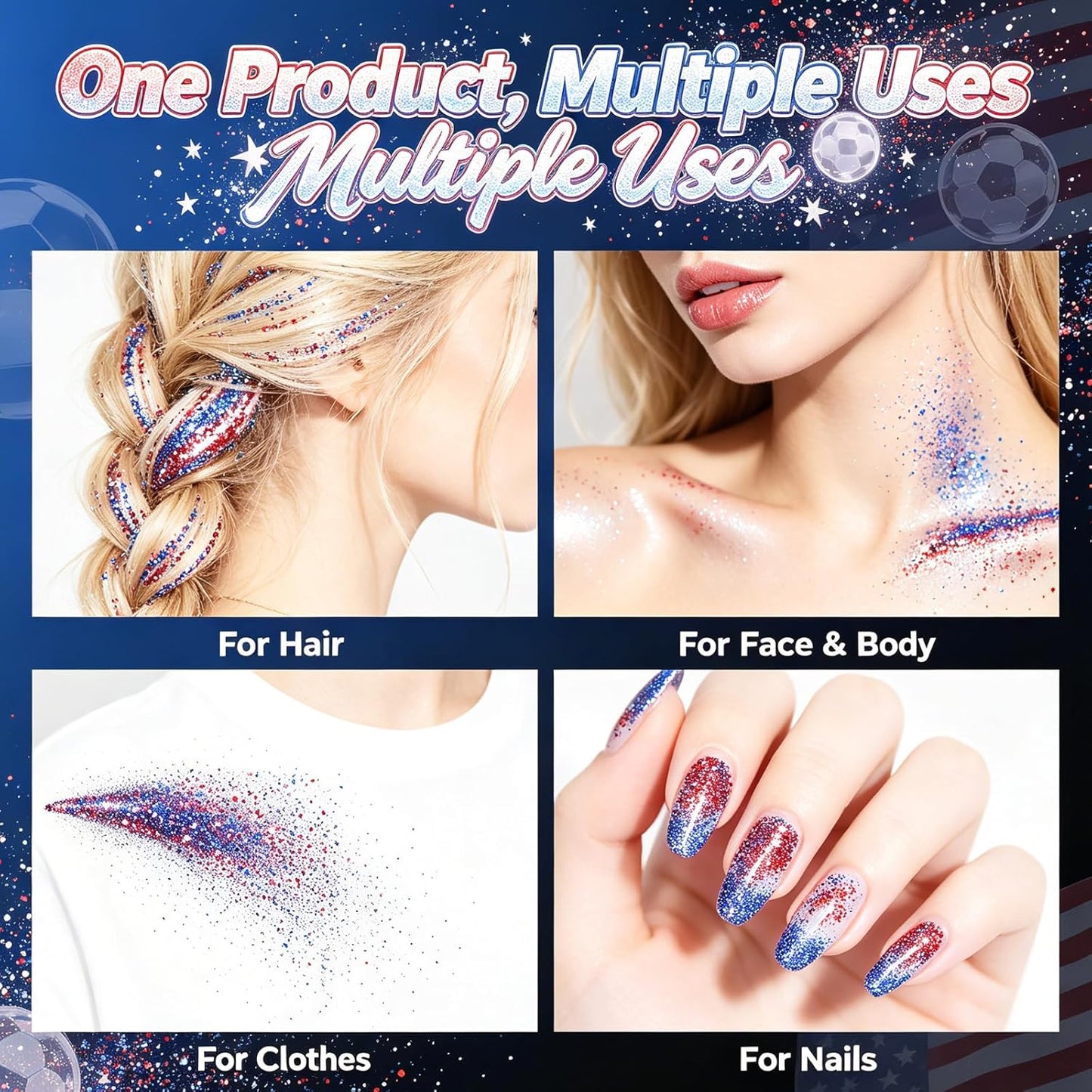 Patriotic Body Glitter Spray - Red, White & Blue Shimmer for 4th of July | Face, Hair & Nail Art Accessory