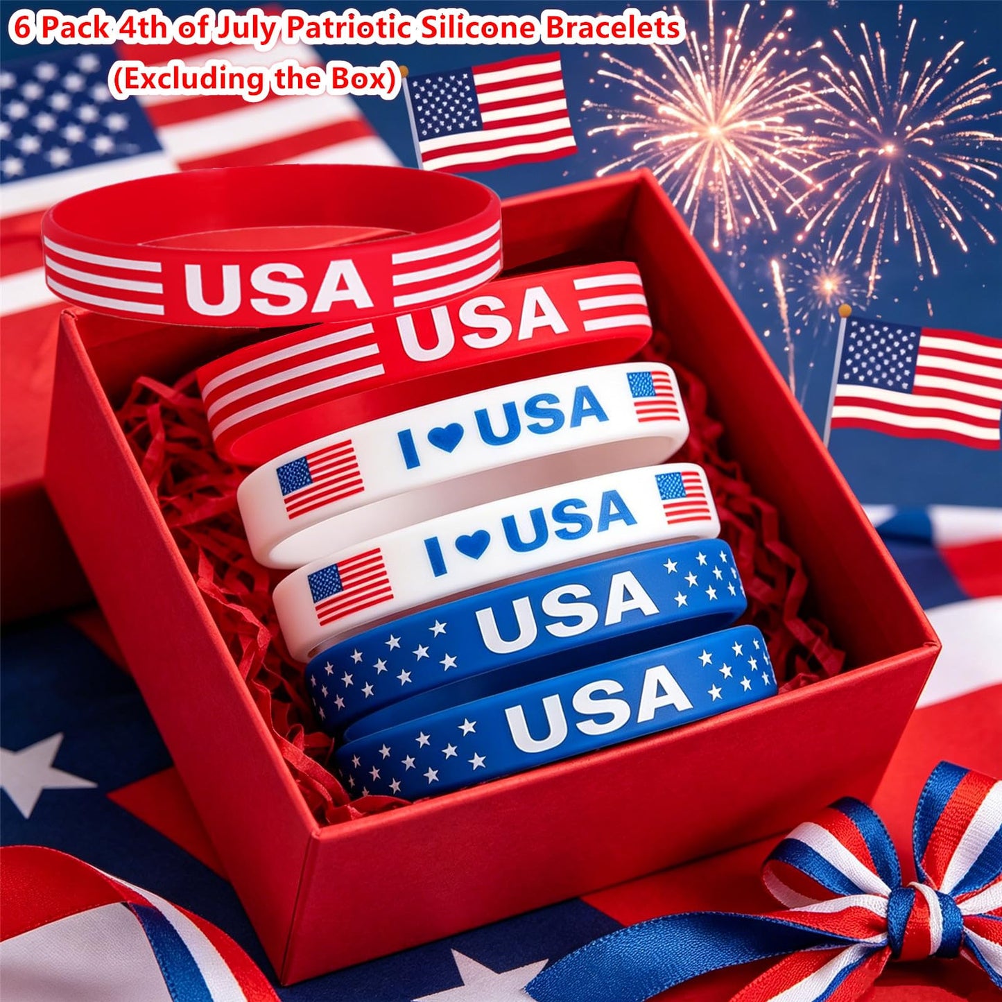 Go Ho 4th of July Outfits for Women Men:6 Pack Silicone Bracelets,4th of July Accessories,Patriotic USA Flag Red White and Blue Rubber Wristbands for 250 Anniversary USA Independence Day