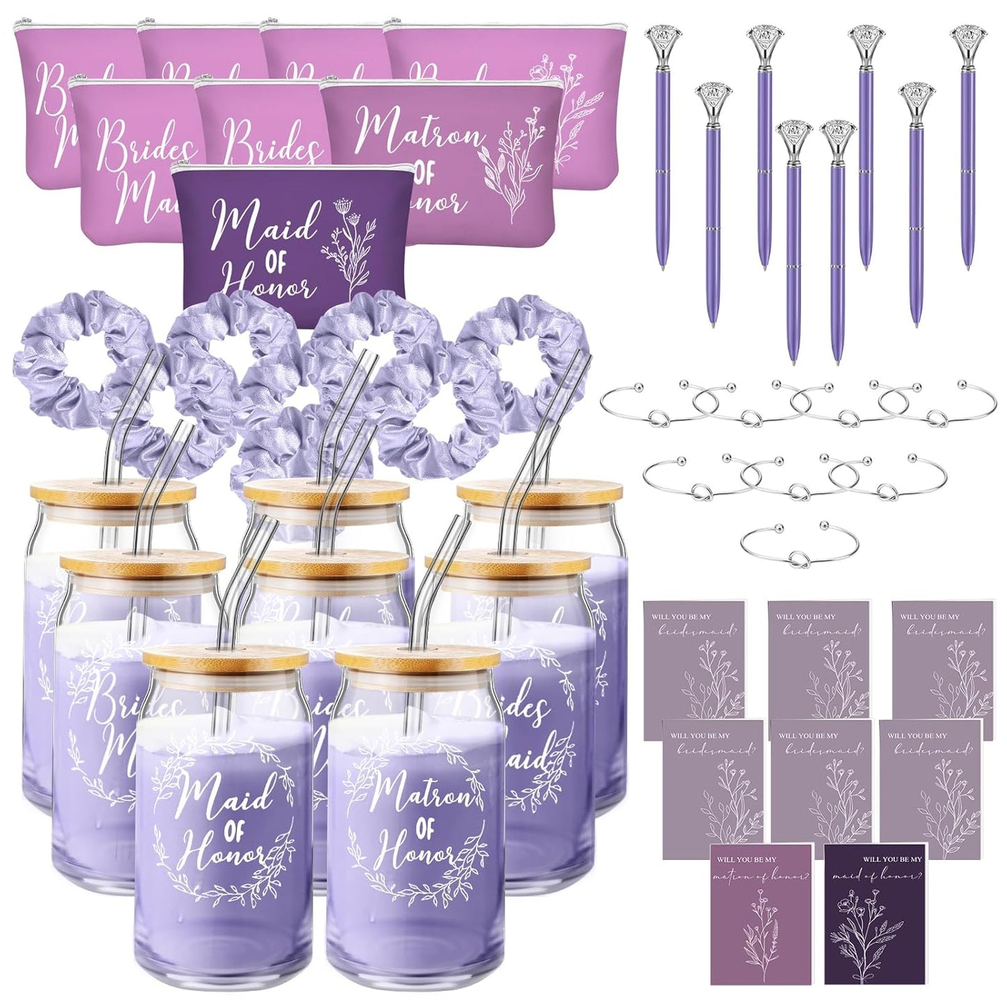 Bridesmaid Proposal Gifts - 48 Pcs Set with 16oz Glass Cups, Makeup Bags & More | Classic Purple