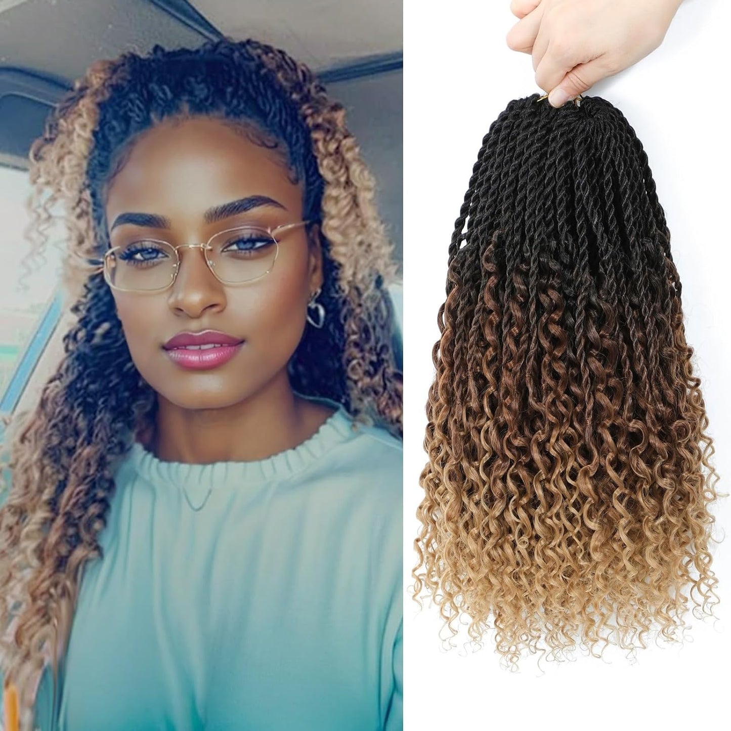 Goddess Twist Braids - Ombre Black Brown Crochet Hair Extensions | 14-Inch Curly Ends, 6 Packs for Black Women