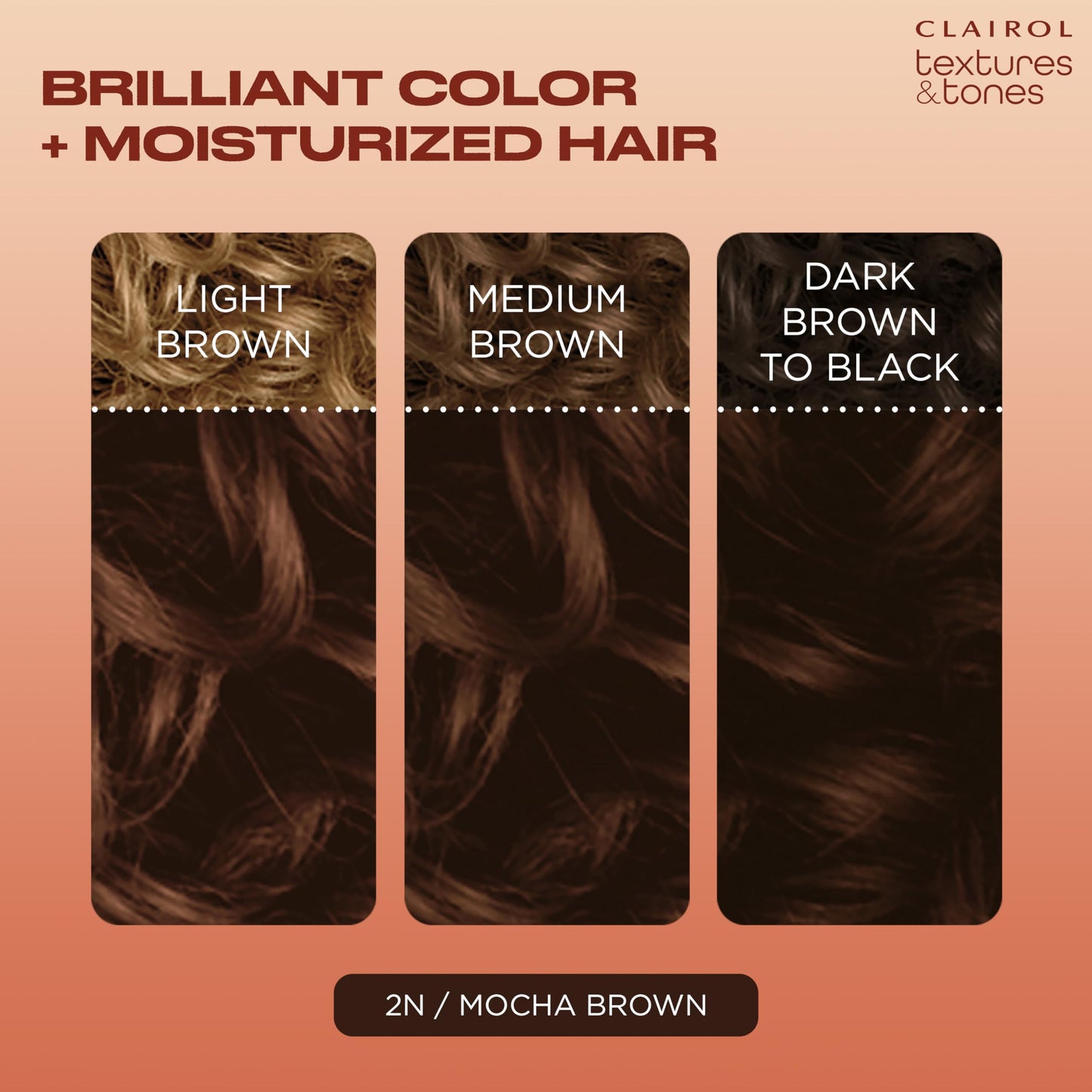 Clairol Textures & Tones Permanent Hair Dye, 2N Mocha Brown Hair Color | Ammonia-Free | Moisture-Rich Formula with Argan, and Olive Oil for Brilliant Shine | Pack of 1