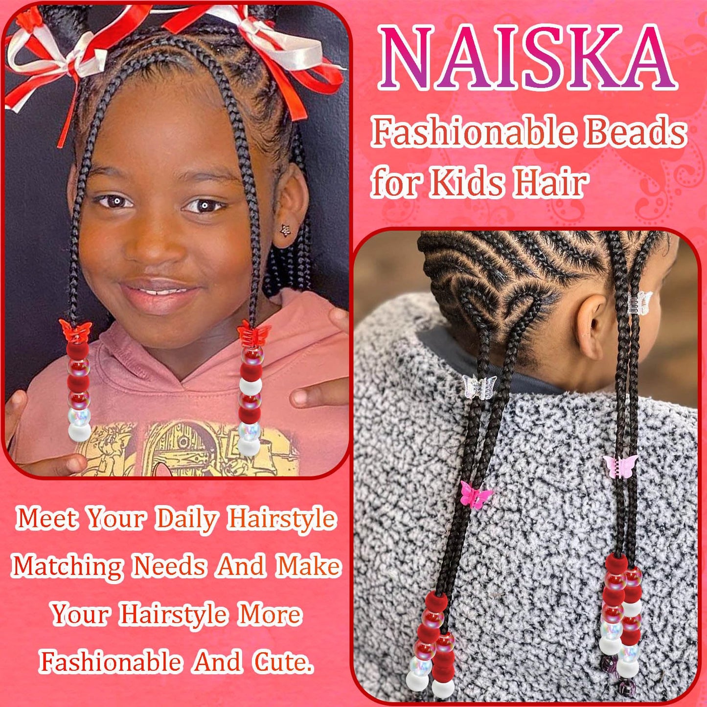 NAISKA 60PCS Valentines Red Hair Beads for Braids AB Color Round Beads for Hair Acrylic Dreadlock Bead Cute Pony Braids Beads Jewelry Valentine's Day Loc Hair Accessories