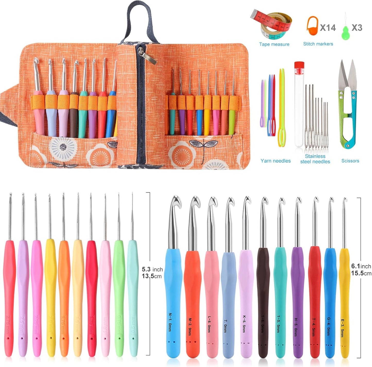 Ergonomic Crochet Hooks Set - 21 Sizes 0.5–10.0mm | Soft Grip Needles with Roll Bag for Comfort