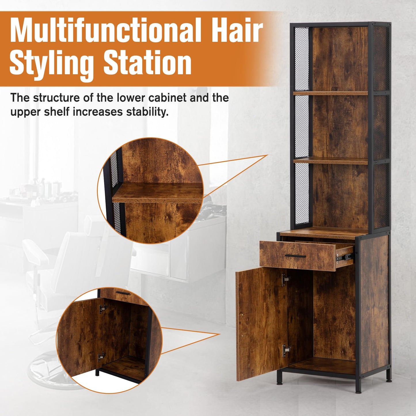 RESHABLE Industrial Salon Station with 3-Tier Storage Shelf, Cabinets and Storage for Hair Stylist, Beauty Spa Equipment, Rustic Brown