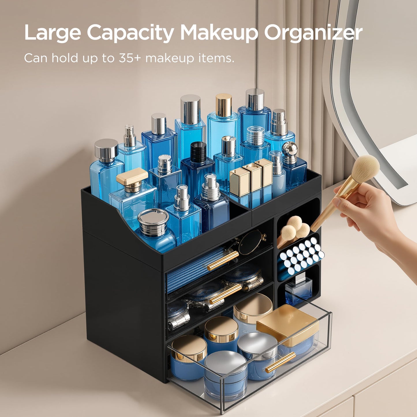 HBlife Cologne Organizer for Men Makeup Organizer Countertop with Brush Holder, Large Bathroom Counter Organizer with Drawers, Plastic Dresser Organizer Storage Fathers Day Gift for Dad Husband, Black