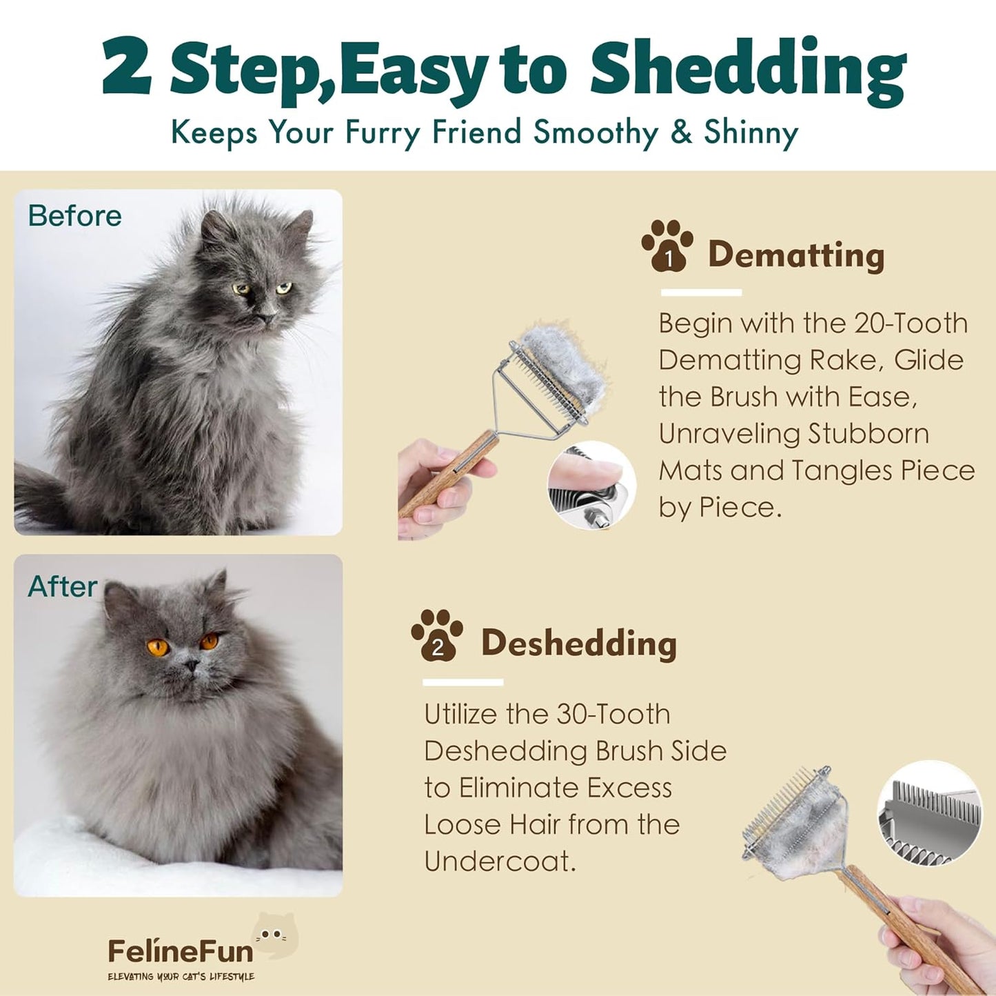Cat Brush for Dematting & Deshedding - 2 in 1 Undercoat Rake for Indoor & Long Haired Cats | Efficiently Removes Loose Hair & Matted Fur