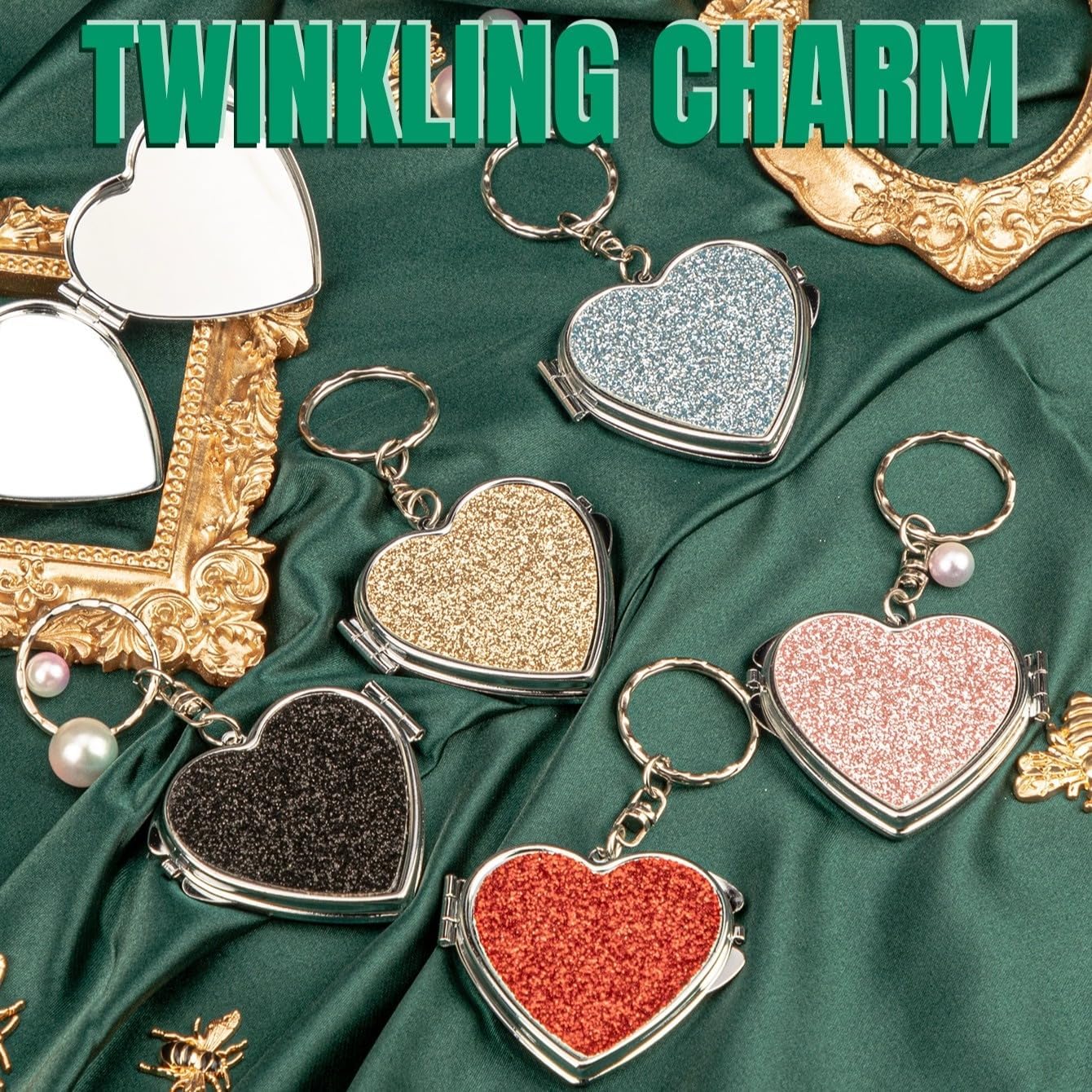 Portable Heart-Shaped Folding Makeup Mirror - Double-Sided Design with Sparkling Sticker | Ideal for Home & Travel - White