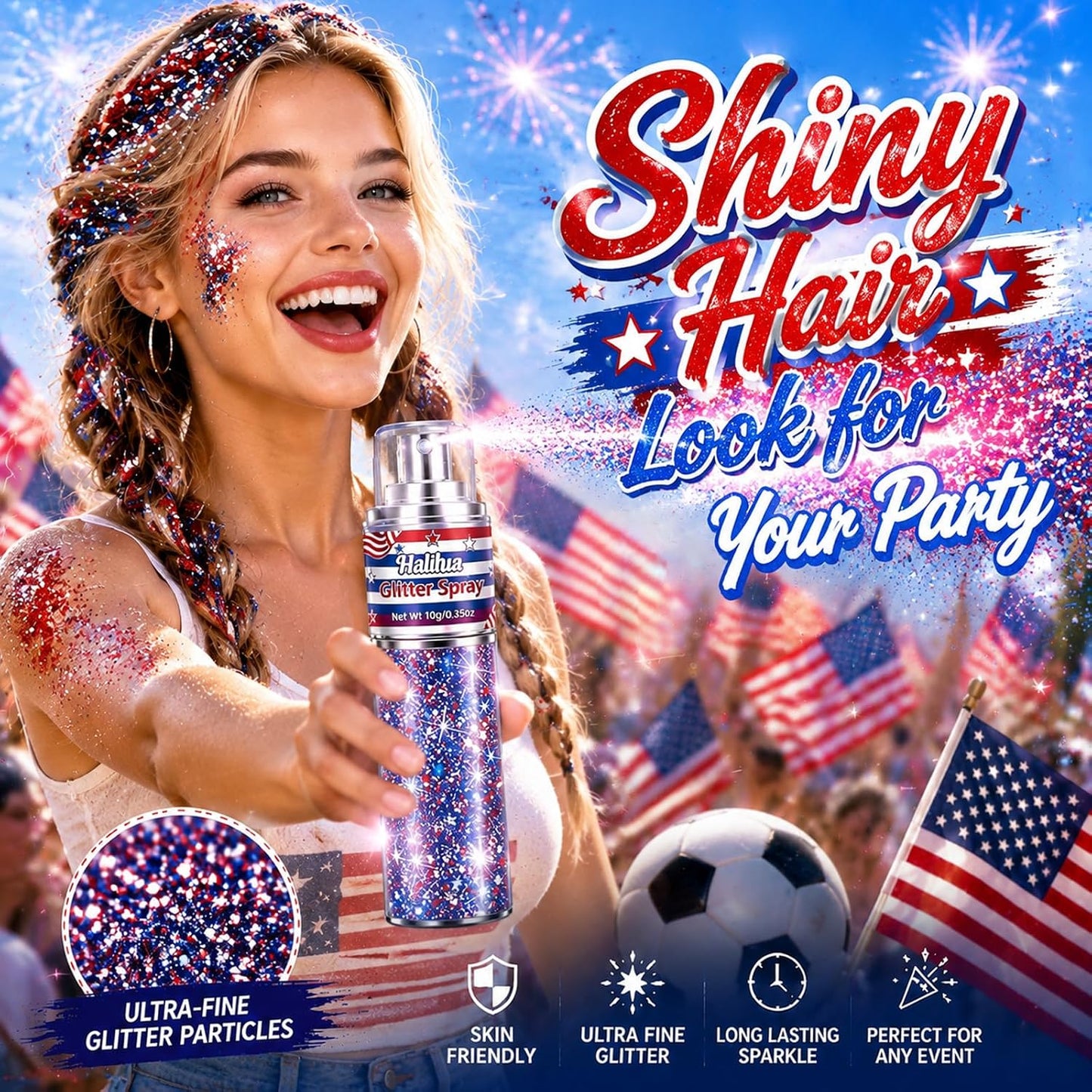 Red White Blue Glitter Spray - Patriotic Hair & Body Shimmer for 4th of July | Quick Dry, Lightweight Sparkle for Parties