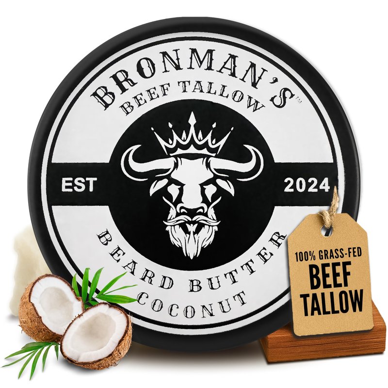 Bronmans Beef Tallow Beard Butter for Men - 4oz - Hydrating Coconut Beard and Skin Balm with Shea Butter - Deeply Moisturizing Tallow