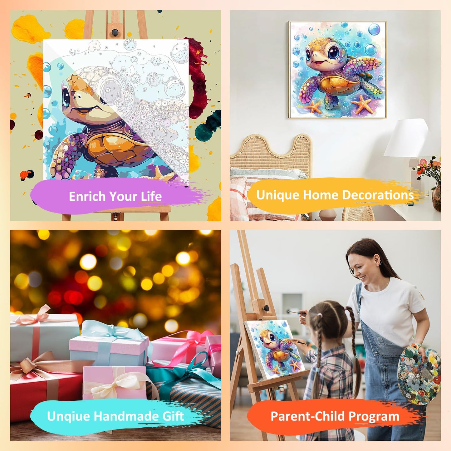 Mandun Paint by Numbers Kit for Kids with Frame, Sea Turtle Paint by Numbers for Kids Ages 4-8-12, DIY Turtle Acrylic Oil Painting for Home Wall Art Decor Gift 7.8x7.8 inch (with Frame Easel)