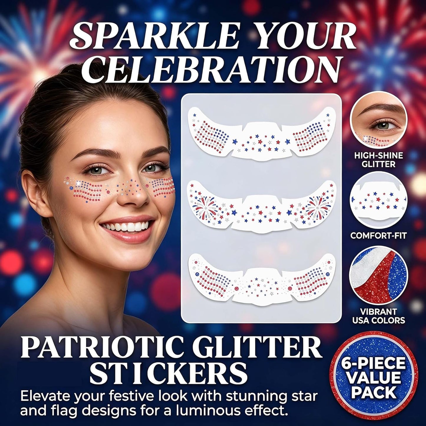 American Flag Glitter Freckles Face Tattoo - 6PCS Red, White & Blue Sparkle for 4th of July | Patriotic Glitter Stickers for Women & Kids