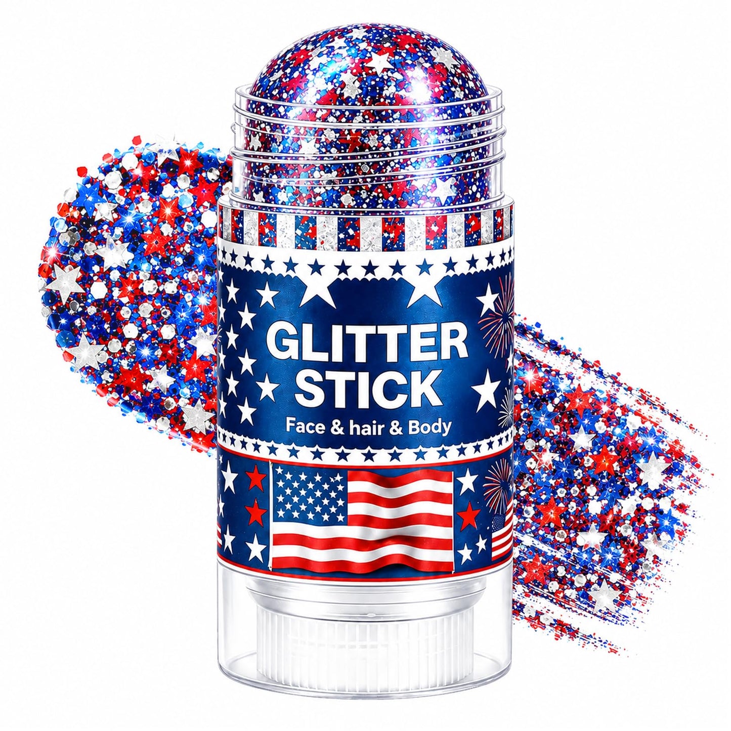 4th of July Glitter Stick for Hair, Face & Body, Red White Blue Glitter with Star Sequins, Patriotic Makeup for Women, America 250 Celebration Accessories, Independence Day Party Supplies