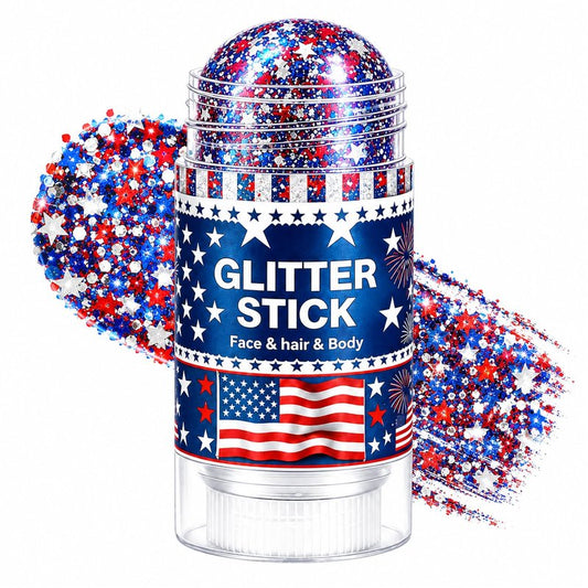 4th of July Glitter Stick for Hair, Face & Body, Red White Blue Glitter with Star Sequins, Patriotic Makeup for Women, America 250 Celebration Accessories, Independence Day Party Supplies