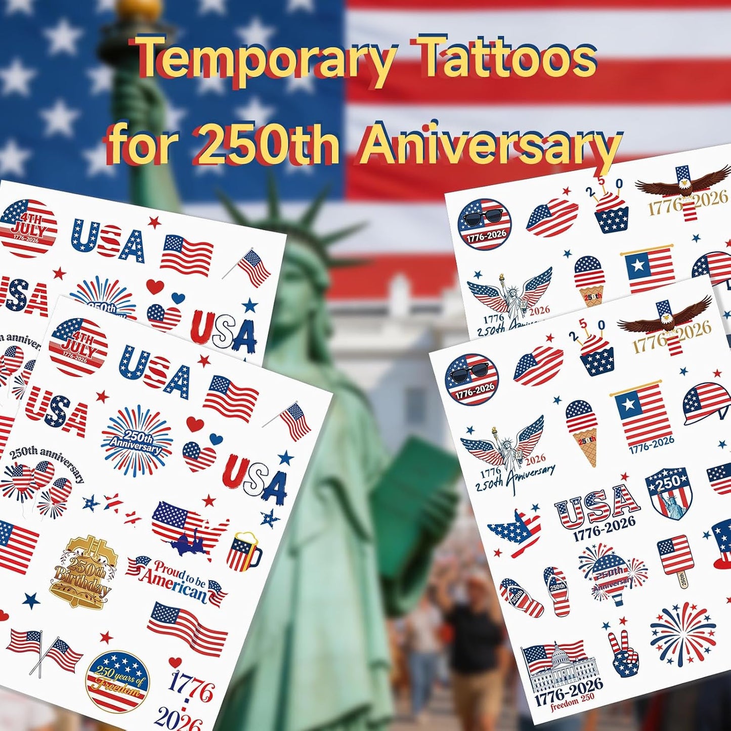 Temporary Tattoos - 250th Anniversary US Flag Designs | 80 Patriotic Stickers for Teens & Adults