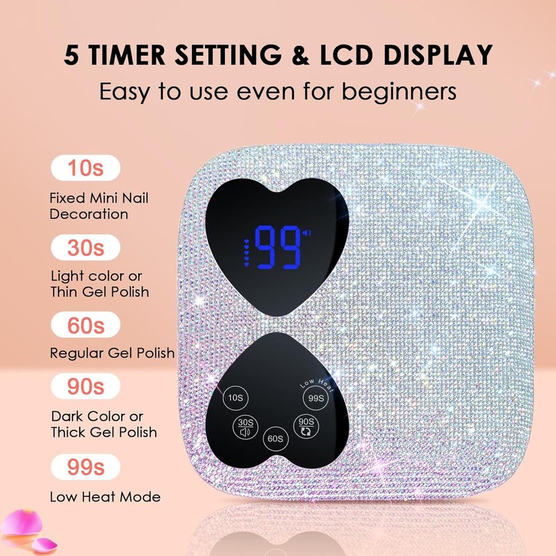 HUITINE UV LED Nail Lamp - Cordless 80W Rechargeable Gel Light Dryer with 5 Timers & Mirror Base | Sparkling Rhinestones Design