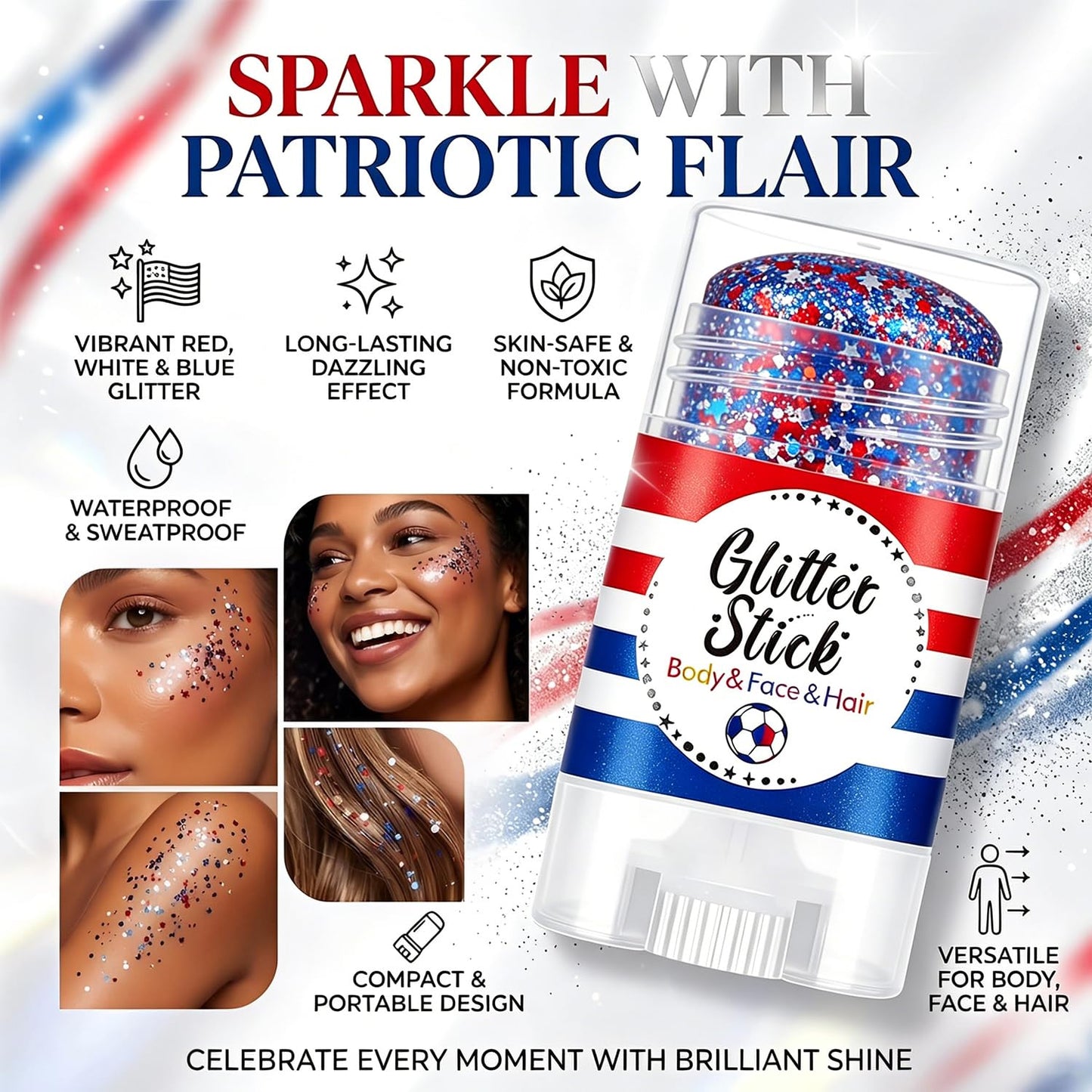 4th of July Glitter Stick, Red White and Blue Glitter Stick, Body Glitter, Patriotic USA Flag Makeup for Independence Day & 250 Anniversary, Fourth of July Decorations, 4th of July Outfits for Women