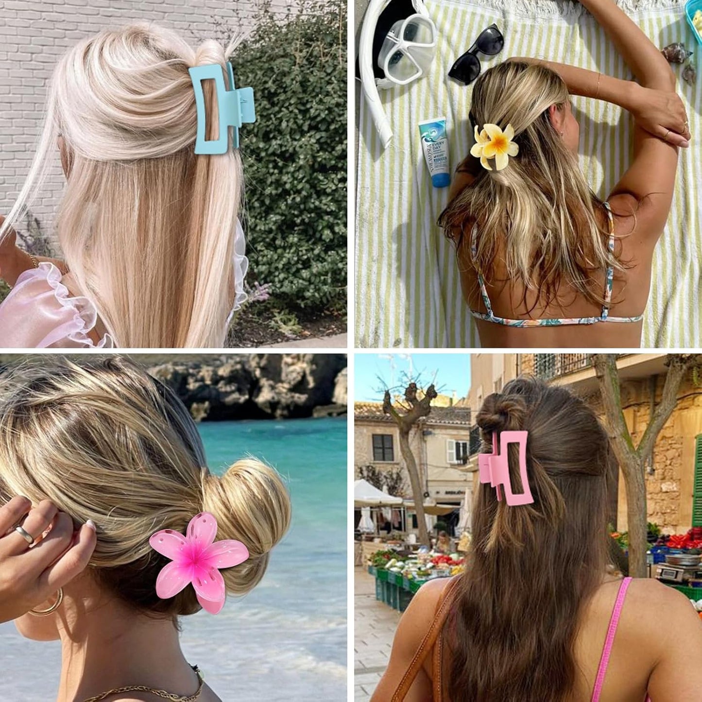 Flower Hair Clips - Square Claw Clips for Thick or Thin Hair | 6 PCS Hawaiian Hibiscus & Plumeria Styles (Pink)