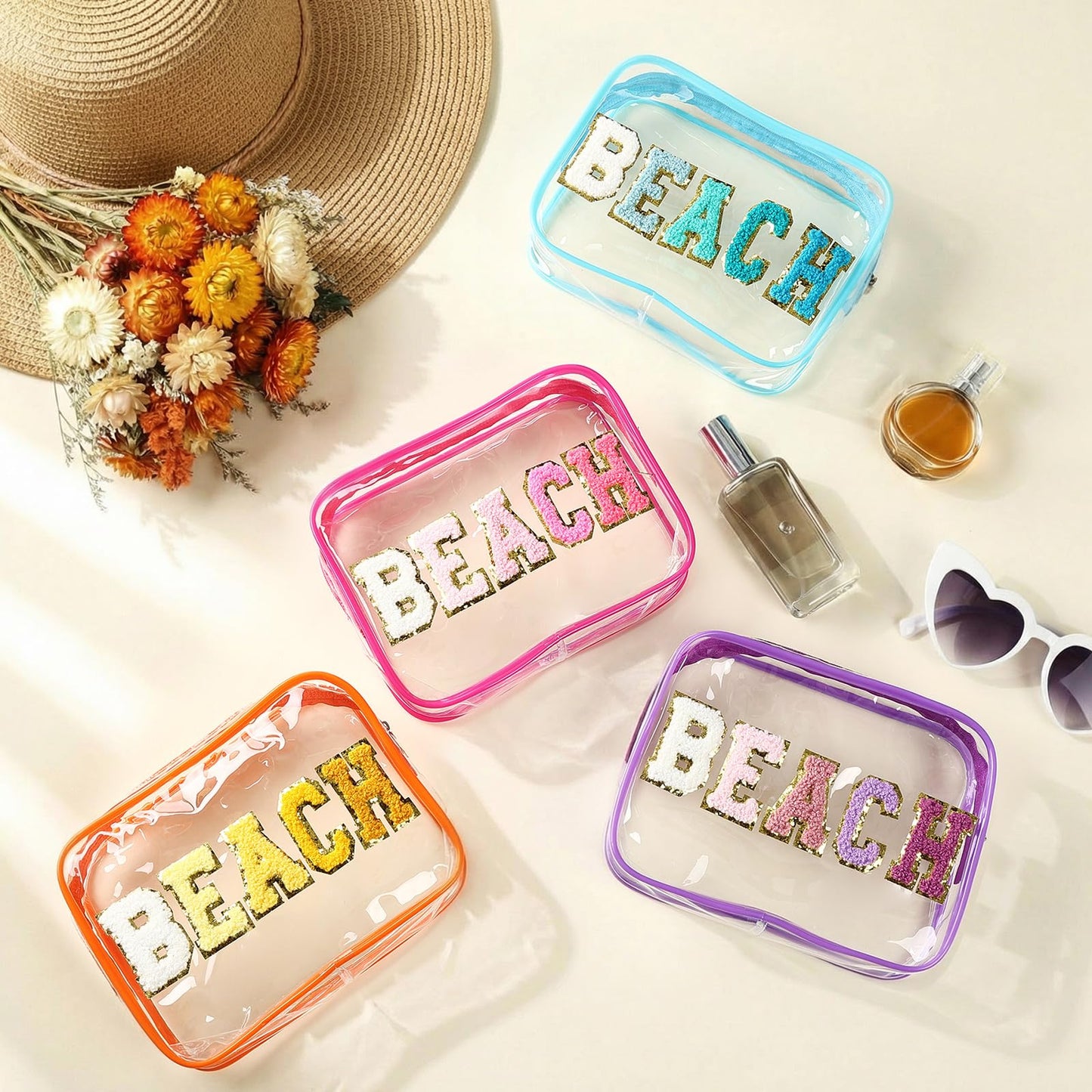 Kacctyen 8 Pcs Clear Makeup Bag Bulk Summer Beach Sunscreen Pouch Waterproof Toiletry Cosmetic Zippered Organizer with Preppy Chenille Letter Patch (Beach,Clear,Blue,Purple,Rose Pink,Orange)