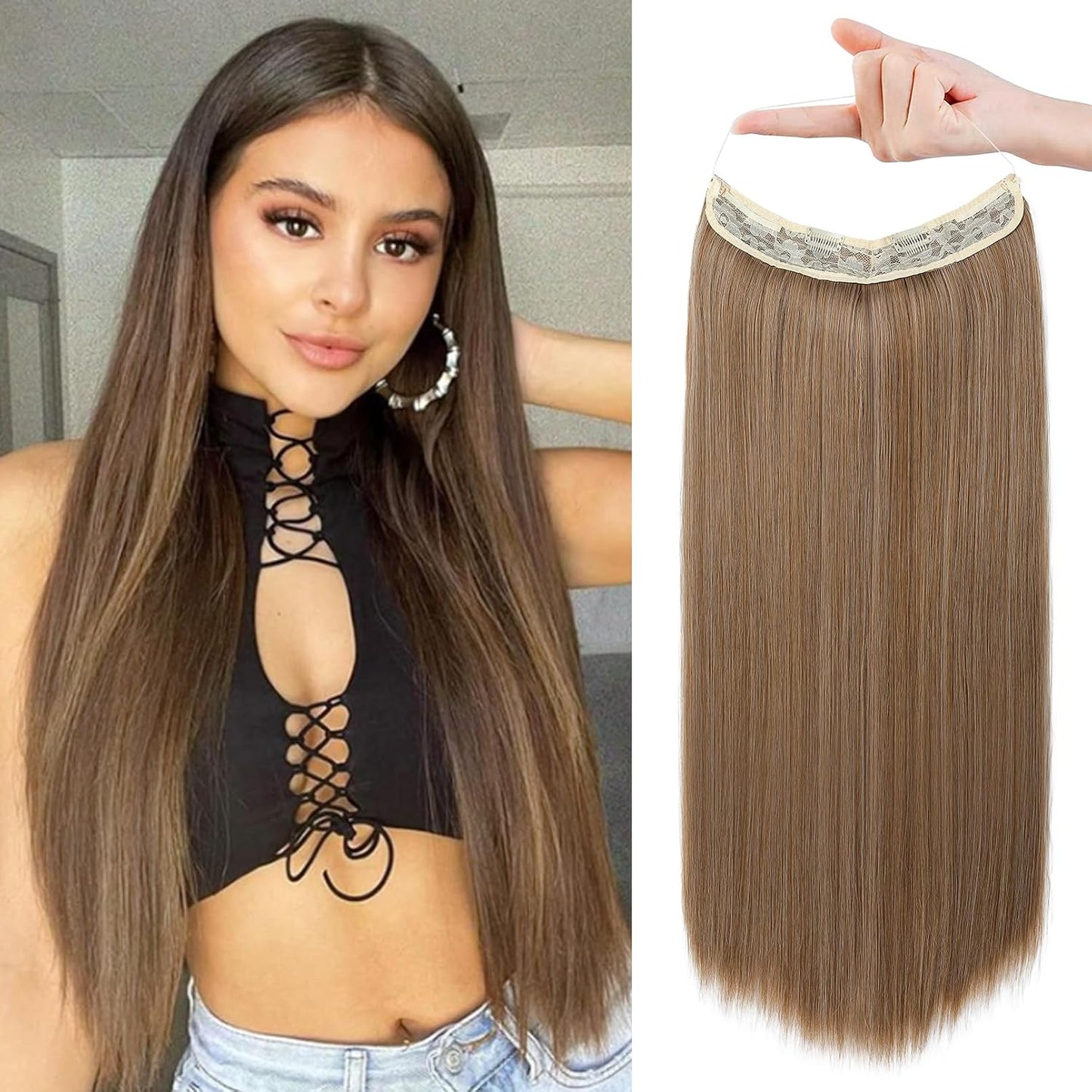 Invisible Wire Hair Extensions - Adjustable Transparent Headband | 24 Inch Dark Blonde Secret Hairpiece for Women
