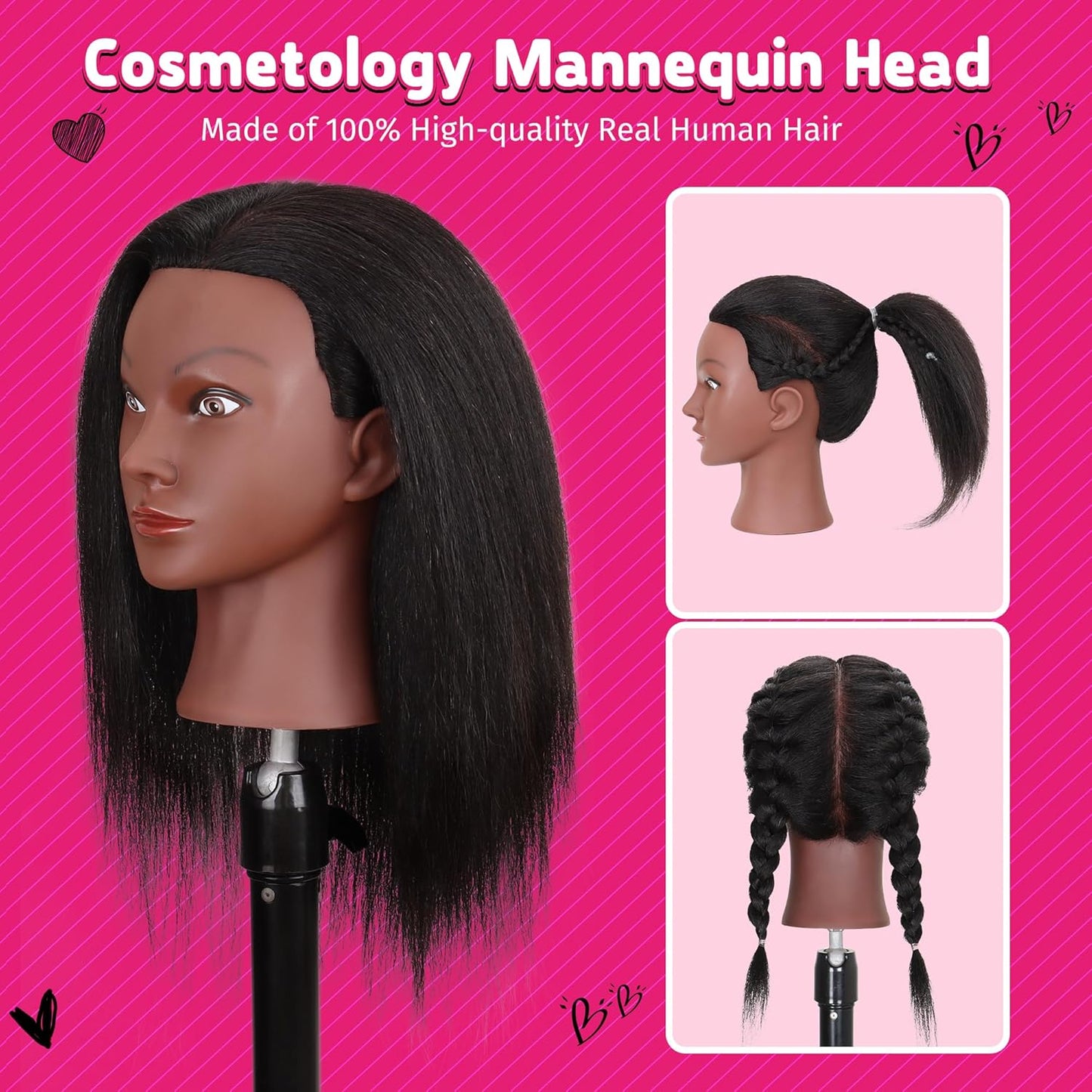 Mannequin Head with Human Hair - 14" Cosmetology Manikin for Hair Styling & Braiding Practice | Includes Clamp Holder