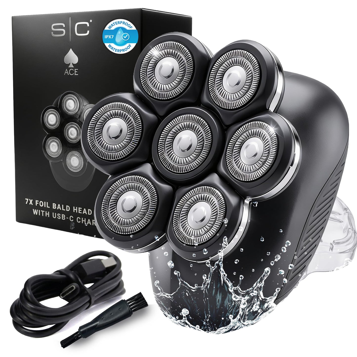 StyleCraft Ace 7X Rotary Bald Head Shavers for Men, Up To 8500 RPM Motor Cordless Electric Head Shaver & Razor with 7 Floating Flex Heads IPX7 Waterproof Wet & Dry Razor USB-C Rechargeable LCD Display