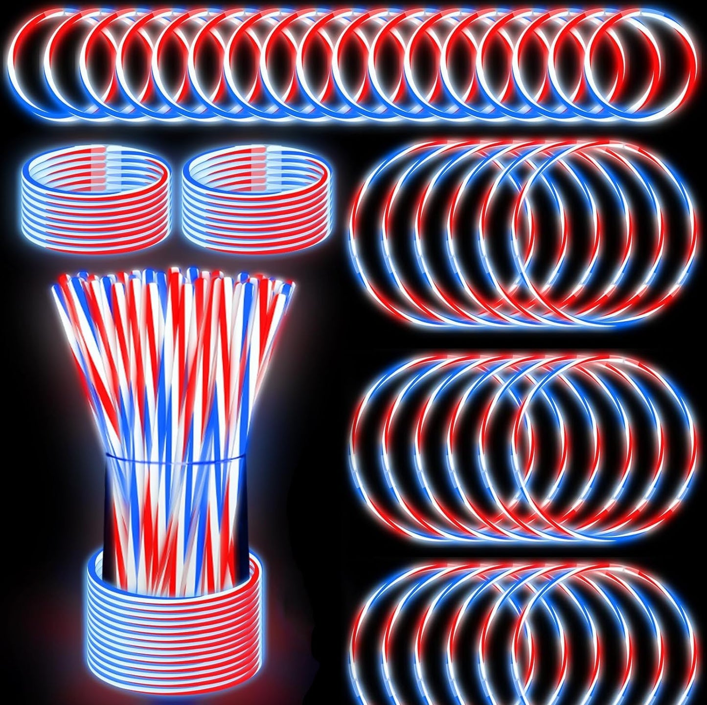 200 PCS 4th of July Glow Sticks Bulk with Connectors,Red White Blue 3 Colors In 1 Glow in The Dark Stick, Light Up Bracelets & Necklaces for Kids & Adults, 250th Anniversary USA Party Favor Supplies