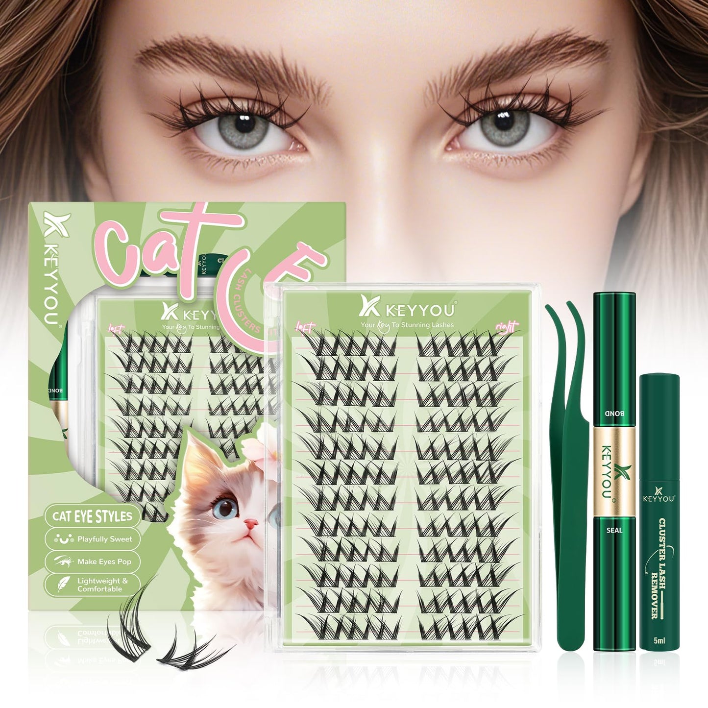 KEYYOU Bunny Lash Clusters Kit Anime Cat Eye Lashes Wispy Natural Cat style Lash Extension Kit with Bond and Seal,Applicators,Remover for Manga DIY Eyelash Extension Kit at Home（MC01）