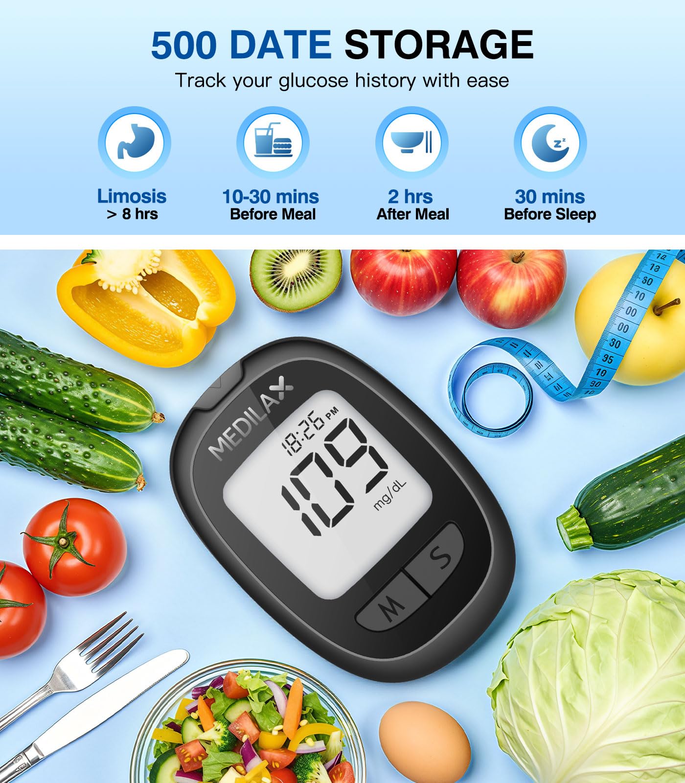 Medilax Blood Glucose Monitor Kit, 100 Test Strips & 100 Lancets Blood Sugar Testing Kit with Glucometer and Lancing Device, No Coding, 500 Storage Glucose Monitor for Home Use, Diabetes Testing