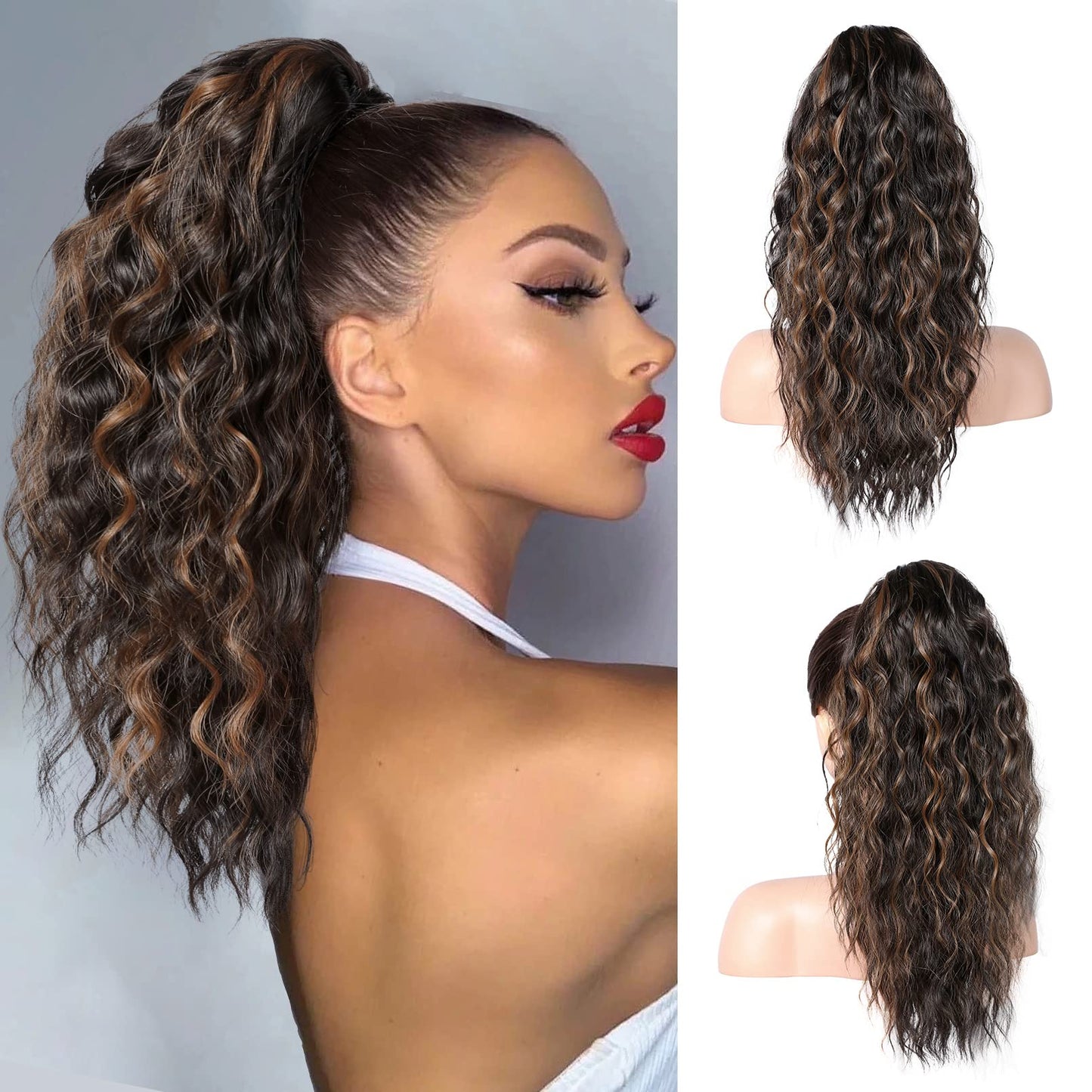 REECHO Ponytail Extension, 18 Inch Curly Claw Pony Tails Hair Extensions Clip in Ponytail Hair Extensions Natural Synthetic Hairpiece for Women Everyday Wear, Chocolate Brown with Highlights