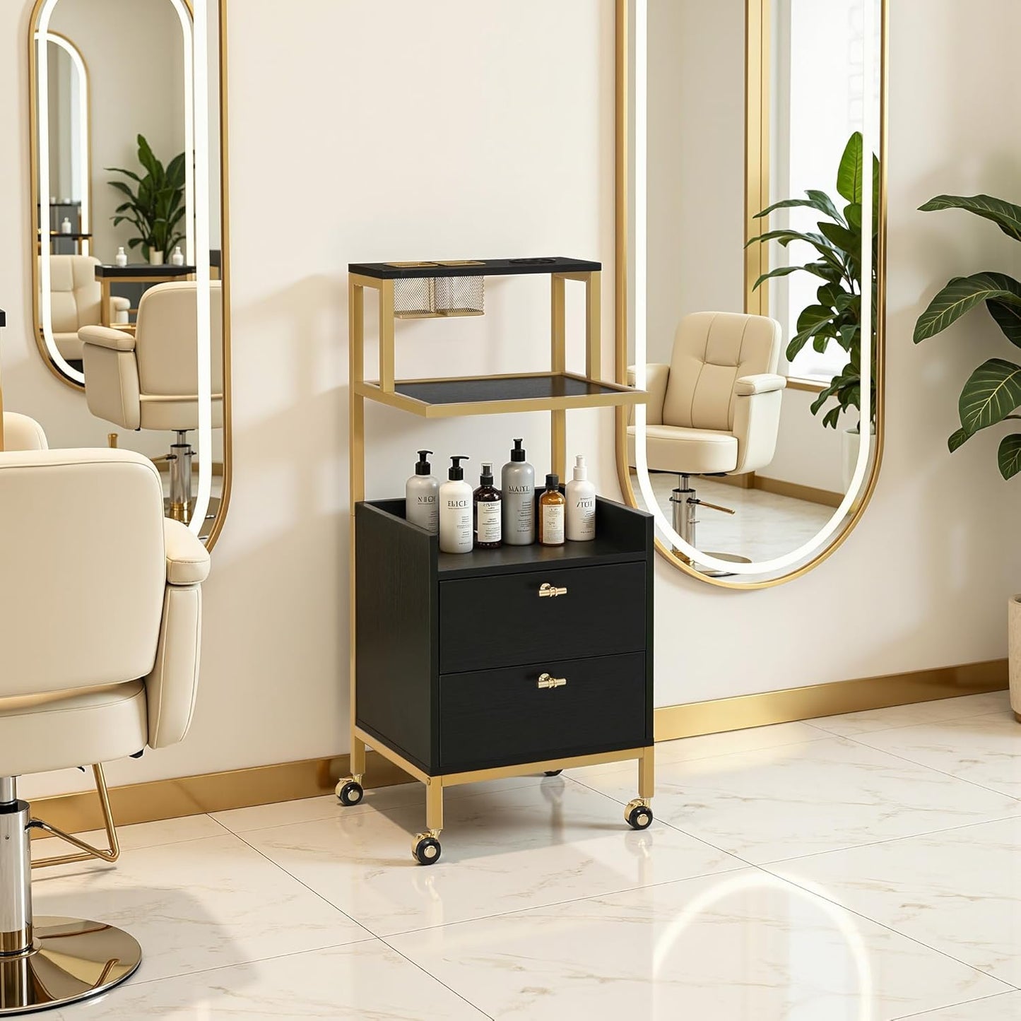 Rolling Salon Cart for Hair Stylists - Barber Trolley with Metal Tool Holder & Storage Drawers | Large Black