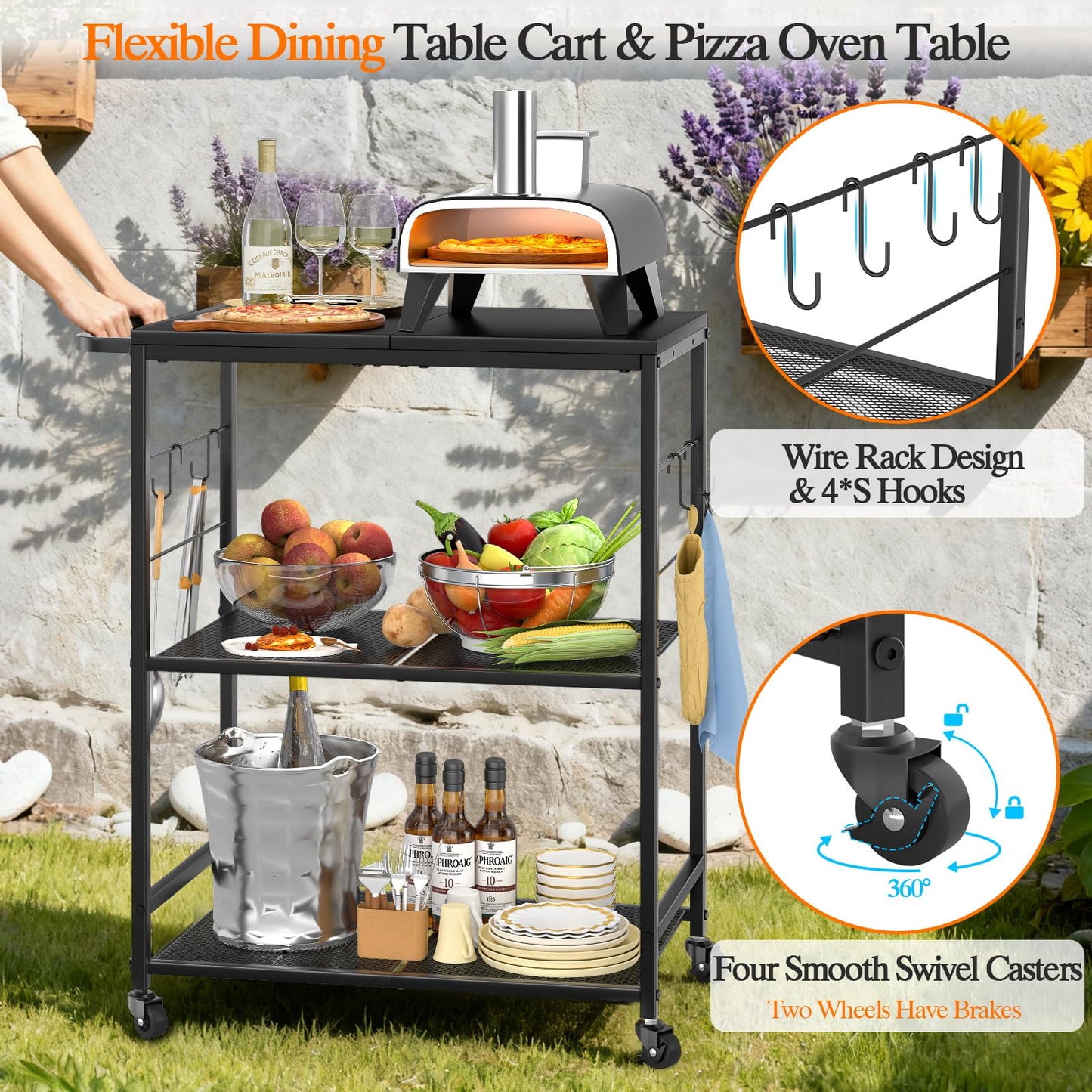DAOUTIME Grill Cart for Outside, 3-Tier BBQ Food Prep Rolling Table Cart, with 23.62" Lx 15.75" W Rust-Resistant Tabletop, Outdoor Pizza Oven Table Ideal for Patio Backyard Kitchen Tools Room