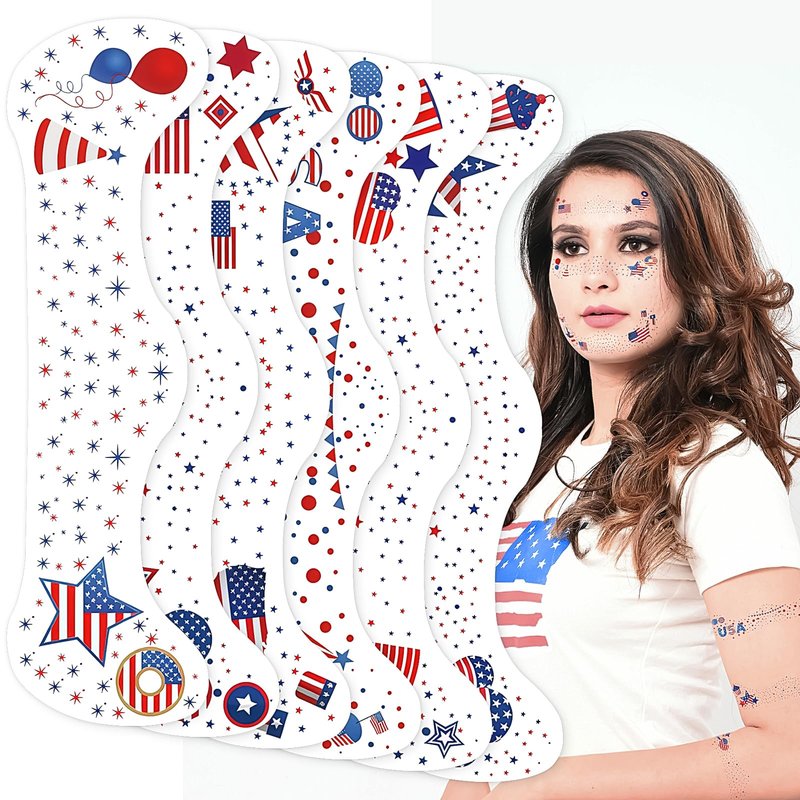 4th of July Glitter Freckles, 6 Pcs Patriotic Face Tattoo Sparkle Red Blue White Star Freckles Makeup Patches for Face Rave Accessories