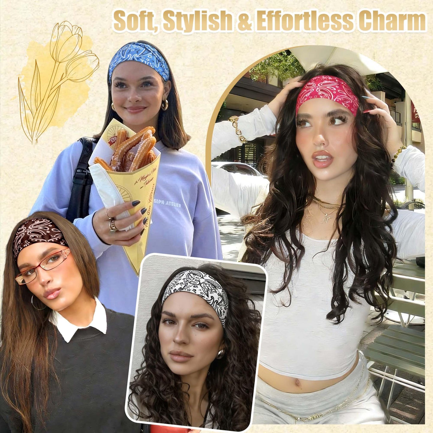 FARSYOD Boho Paisley Headbands For Women Non Slip Elastic Head Wraps 6Pcs