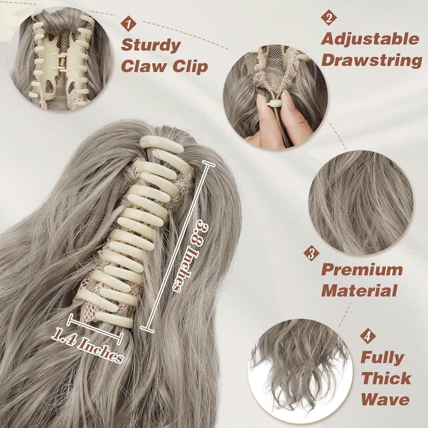 Claw Clip Ponytail Extensions - 14 Inch Short Wavy Gray Hairpiece for Women | Thick Synthetic Ponytail