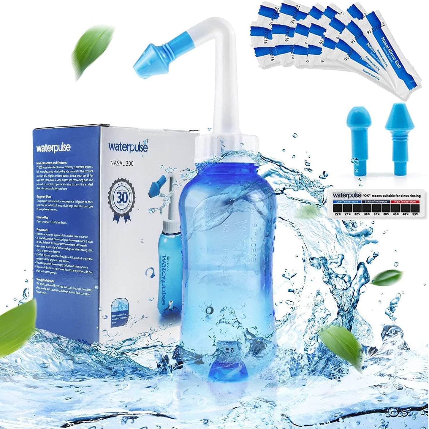 Neti Pot for Sinus Rinsing - Nasal Wash Bottle with Thermometer & 30 Salt Packets | 300ml, Blue