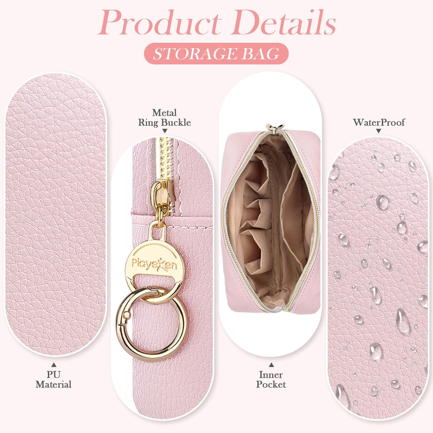 Playexen Small Makeup Bag for Purse, Multi Pockets Cosmetic Bag, PU-Beige