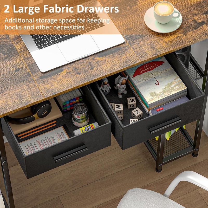 Computer Desk with Drawers - 37.3 Inch Home Office Workstation | Small Space Study Table in Brown
