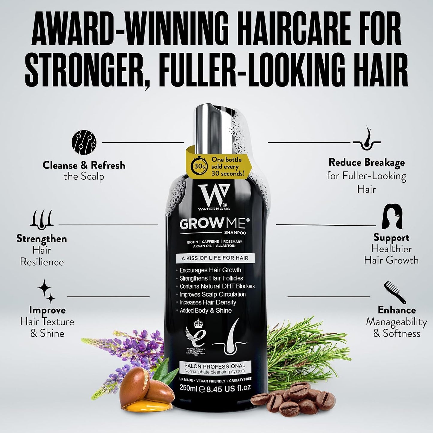 Watermans Grow Me Organic Hair Growth Shampoo - Strengthening Biotin & Rosemary Formula for Thicker Hair | 8.45 fl oz