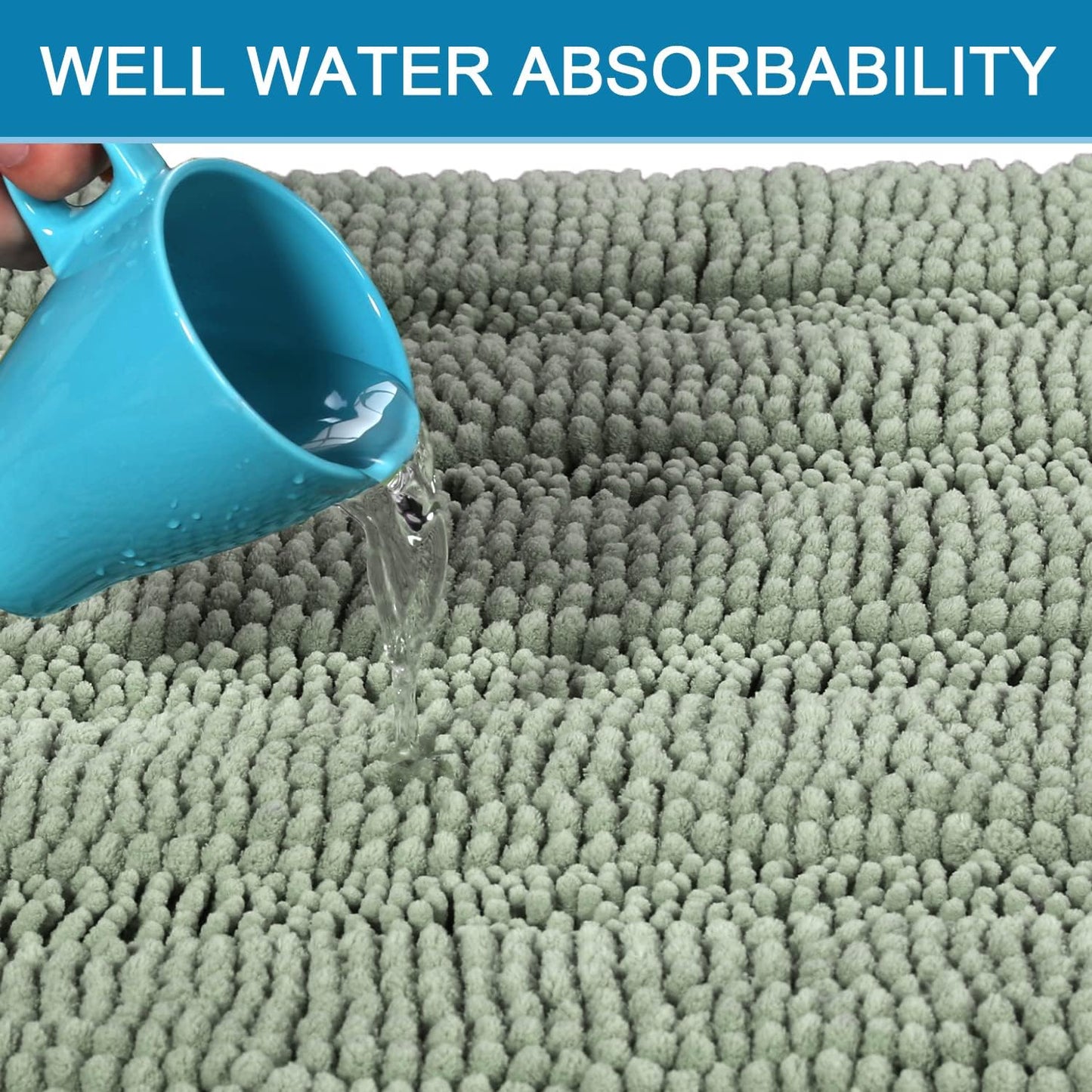 Sage Bathroom Rugs Set - Extra Thick Chenille Shaggy Mats | Non-Skid Bath Mats (32"x20" & 24"x17")