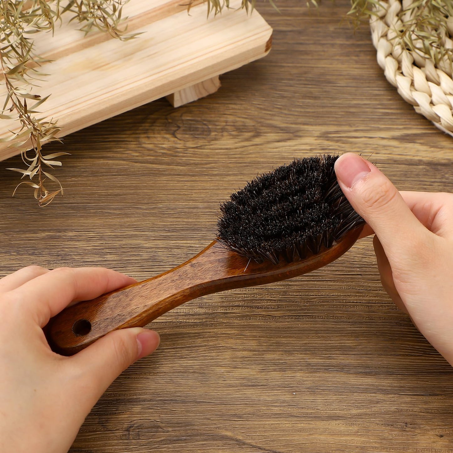 Patelai 4 Pieces Barber Fade Brush Set with Natural Fiber Wooden Handle Beard Styling Brush, Neck Duster, and Cleaning for Men's Grooming (Brown)